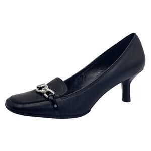 Cole Haan Black Leather Pumps Square Toe Kitten Heels Chain Link Women's 9B